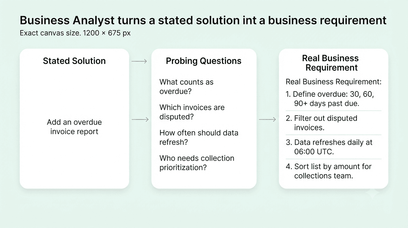 Business analyst requirements elicitation from solution request to precise business requirement.