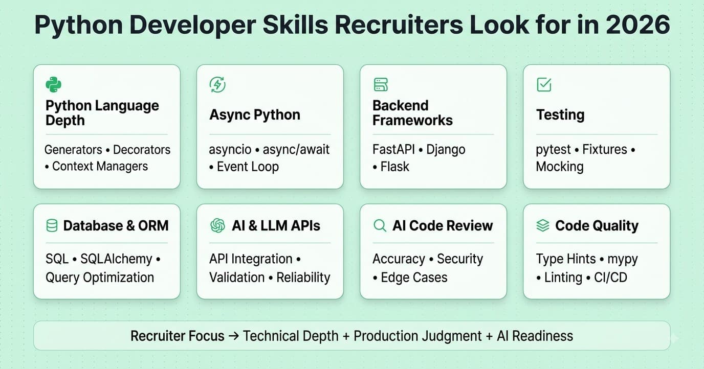 Python developer skills recruiters look for in 2026 including async Python, FastAPI, pytest, databases, AI APIs, and code quality