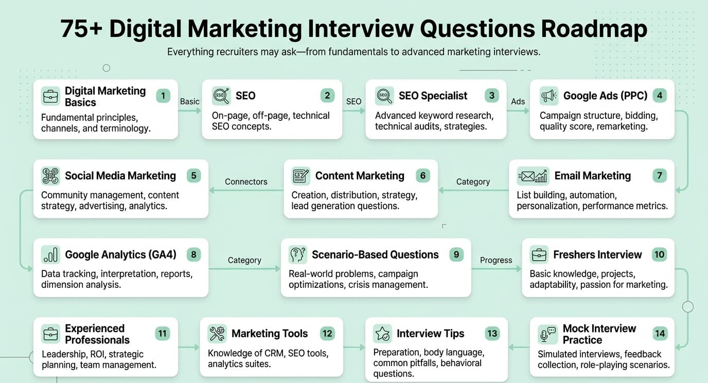 Roadmap showing all sections covered in 75+ digital marketing interview questions including SEO, PPC, Analytics, Email Marketing, Social Media, Content Marketing, Freshers, Experienced, and Interview Tips.
