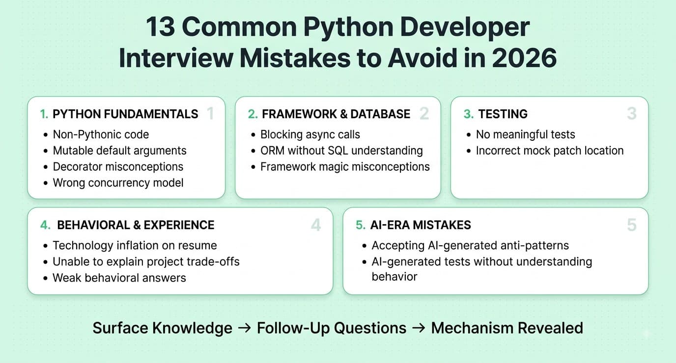 13 common Python developer interview mistakes covering Python fundamentals, frameworks, databases, testing, behavioral skills, and AI-generated code