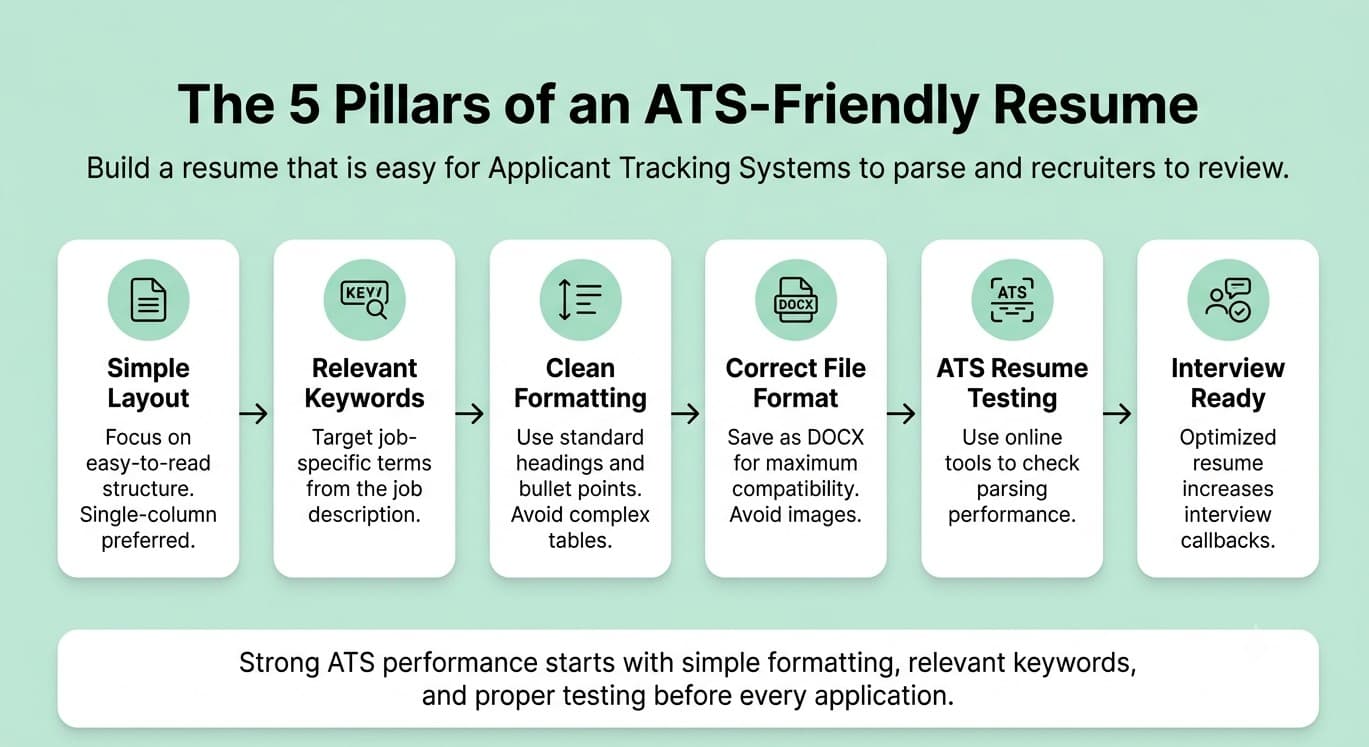Workflow infographic showing the five essential pillars of an ATS-friendly resume: layout, keywords, formatting, file format, and ATS testing.