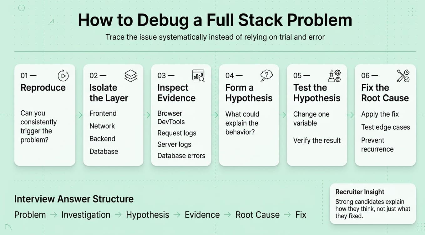 Full-stack debugging framework showing how to trace a bug across frontend, API, backend, database, and root cause.