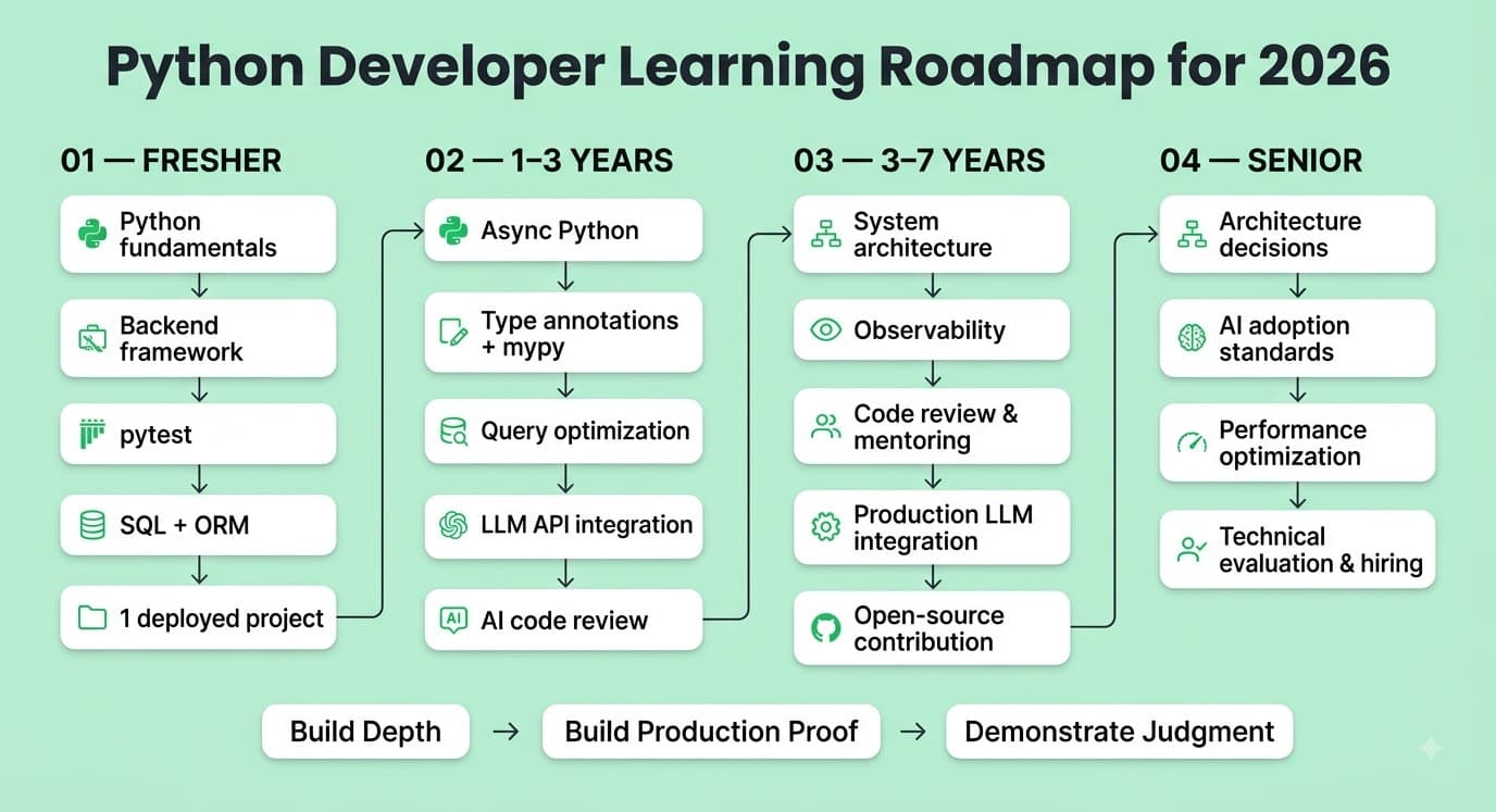 Python developer learning roadmap for freshers, mid-level, experienced, and senior professionals in 2026