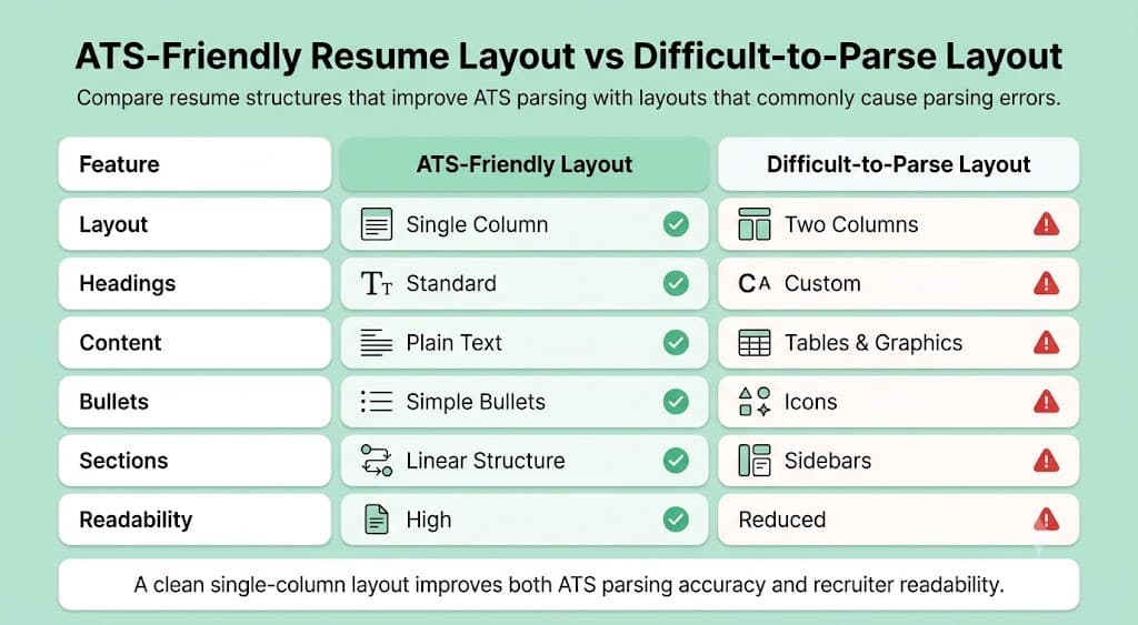Comparison of an ATS-friendly single-column resume layout and a difficult-to-parse multi-column resume layout with key formatting differences.