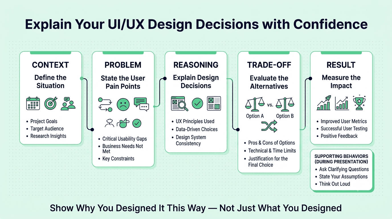 Framework for presenting UI/UX design decisions by explaining the context, problem, reasoning, trade-offs, and results.