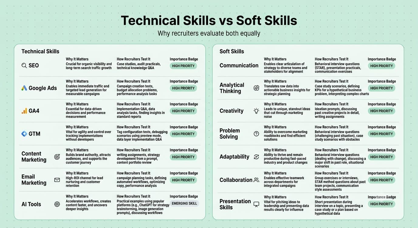 Comparison between technical and soft digital marketing skills with recruiter expectations and interview evaluation.