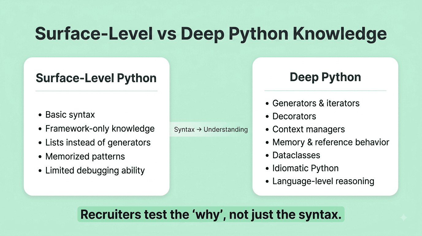 Comparison of surface level and deep Python skills evaluated in developer interviews