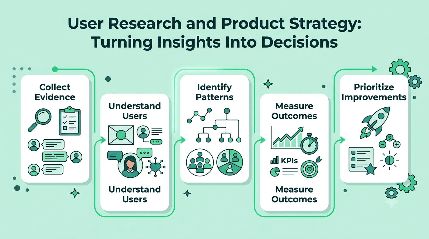 UI/UX user research process showing how user insights, research findings, and UX metrics guide product strategy and design prioritization.
