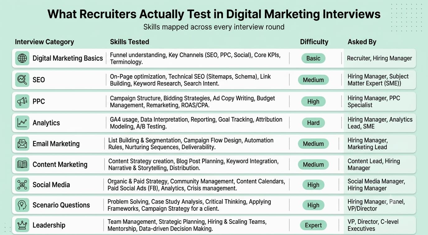 Matrix showing digital marketing interview categories mapped to recruiter skills including SEO, PPC, Analytics, Content, Social Media, Email Marketing and Strategy.