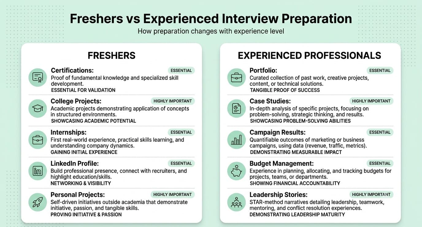 Comparison between interview preparation strategies for freshers and experienced digital marketing professionals
