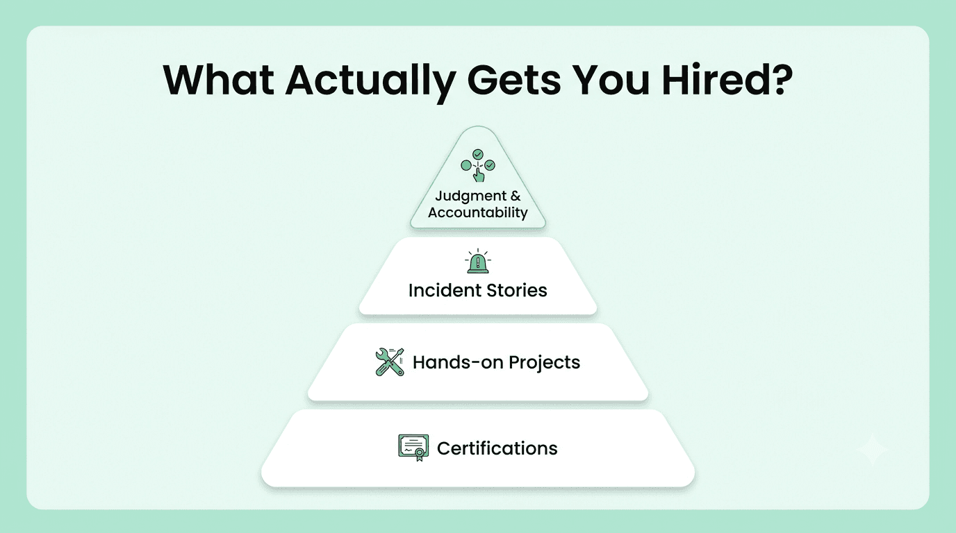 DevOps hiring skill pyramid showing certifications, hands-on experience, incident stories, and technical judgment