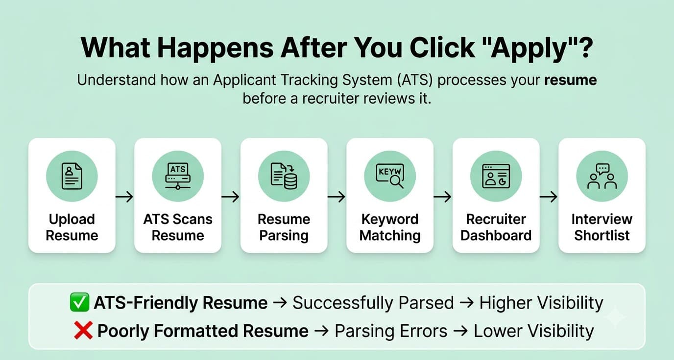 Flowchart showing how an Applicant Tracking System scans, parses, and ranks resumes before they reach a recruiter.