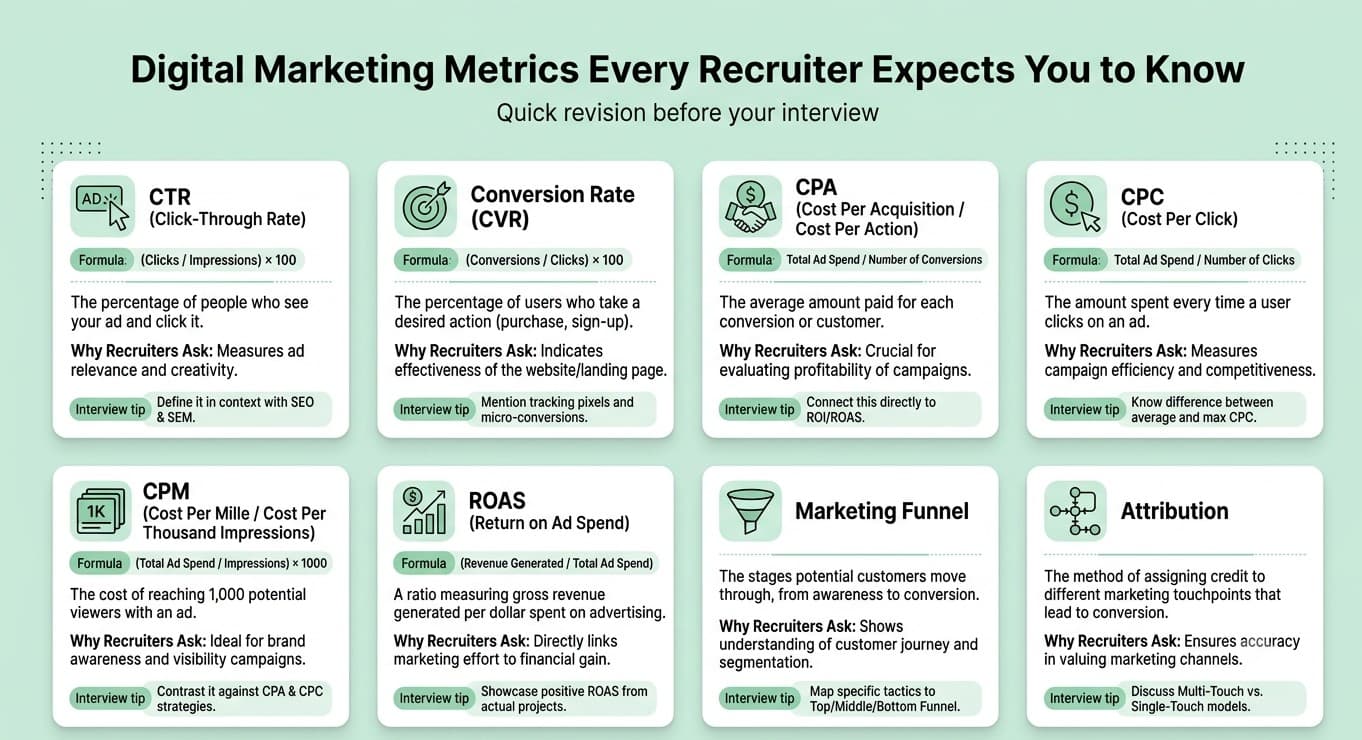 Digital marketing interview metrics cheat sheet explaining CTR, Conversion Rate, CPA, CPC, CPM, ROAS and Marketing Funnel.