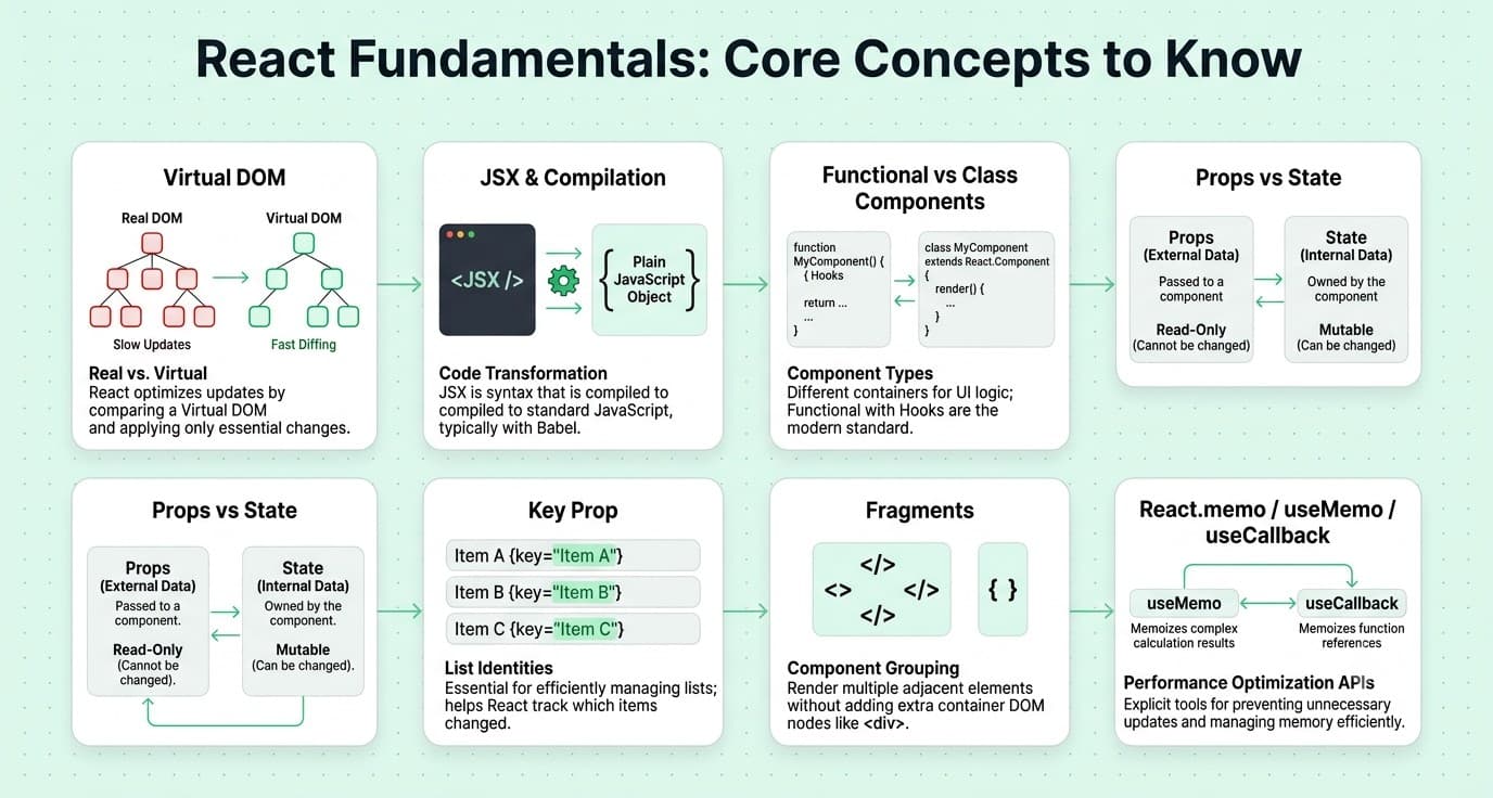 React fundamentals covering Virtual DOM, JSX, props, state, keys, fragments, and memoization