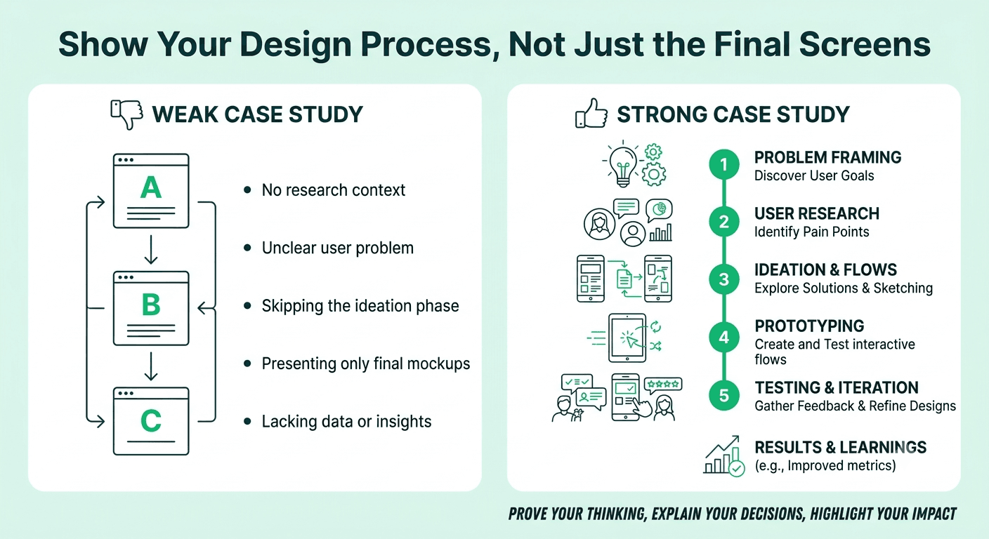 Comparison of a weak UI/UX portfolio showing only final screens and a strong case study presenting the problem, research, design process, and results.