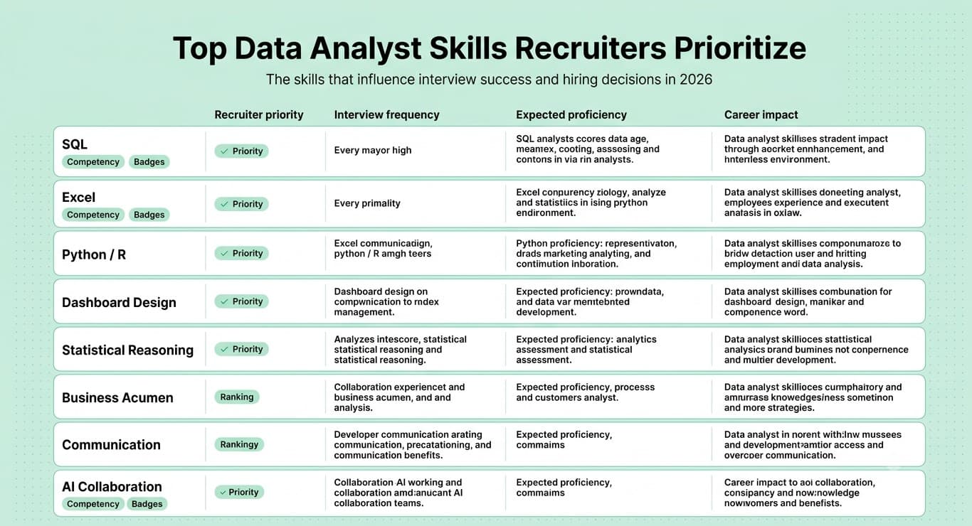 Skill matrix ranking the most important data analyst skills recruiters evaluate in 2026.