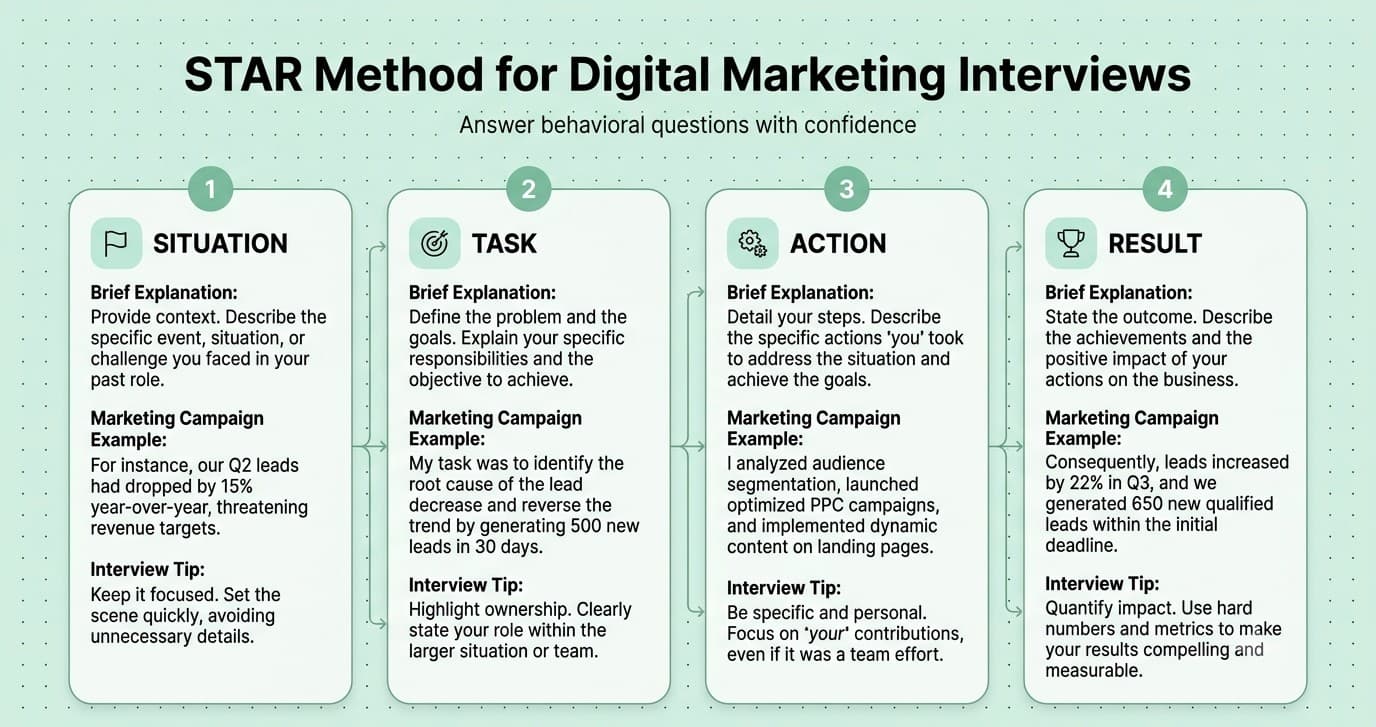 STAR interview answer framework explaining Situation, Task, Action and Result with digital marketing campaign example.