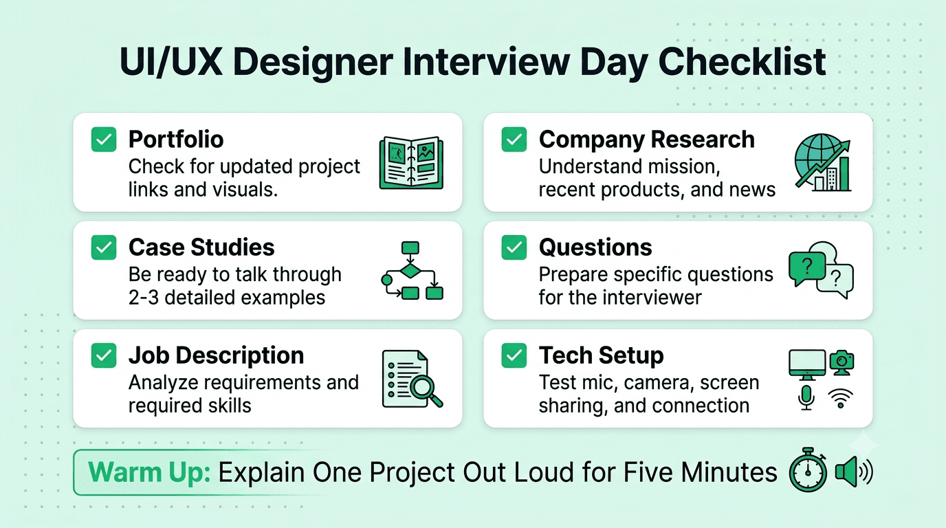 UI/UX designer interview day checklist covering portfolio links, case study rehearsal, job description review, company research, interviewer questions, and technical setup.