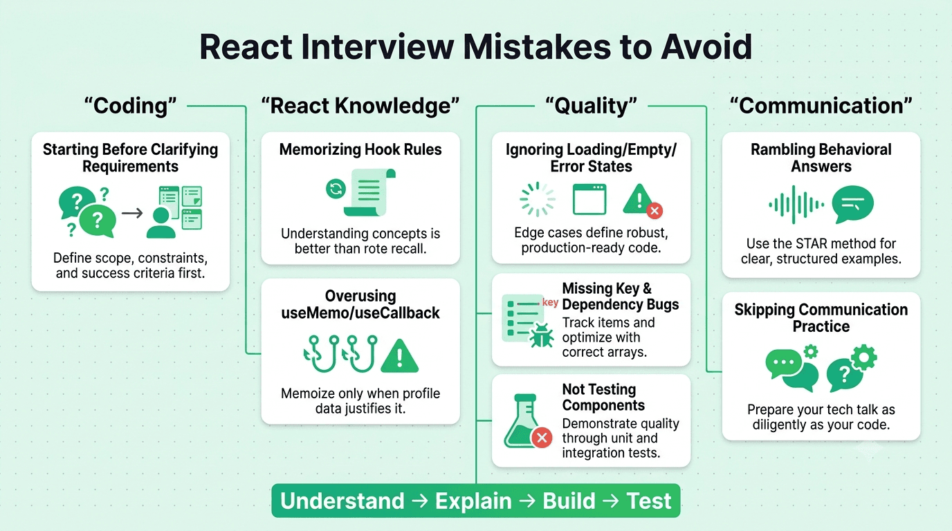 Common React developer interview mistakes including coding too early, overusing memoization, missing edge cases, and poor communication.