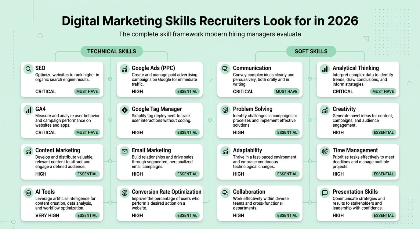 Digital marketing skills framework showing technical skills, soft skills, business thinking and interview readiness recruiters expect in 2026.