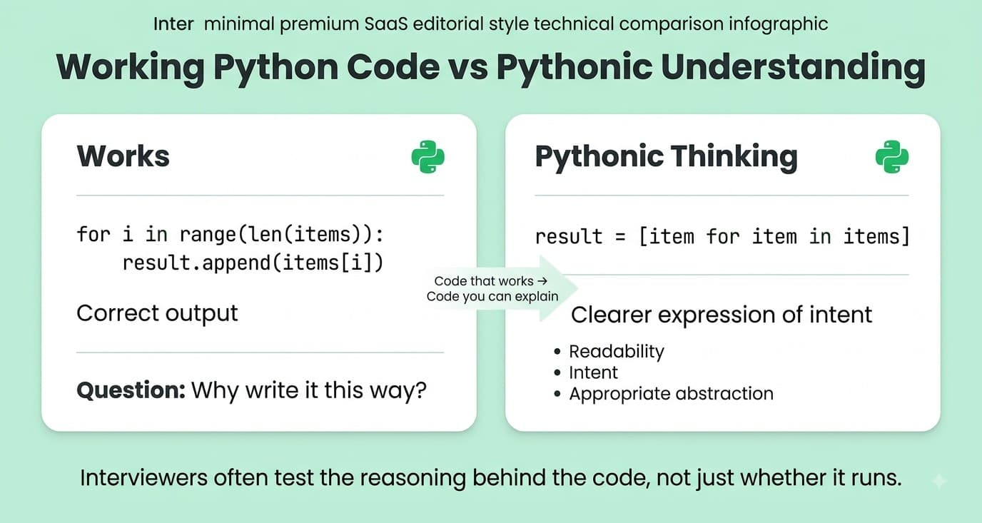 Comparison of working Python code and Pythonic code showing the importance of readable and idiomatic Python