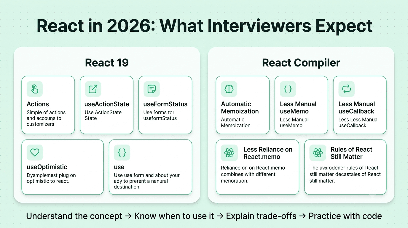 React 2026 interview trends including React 19 Actions and the React Compiler