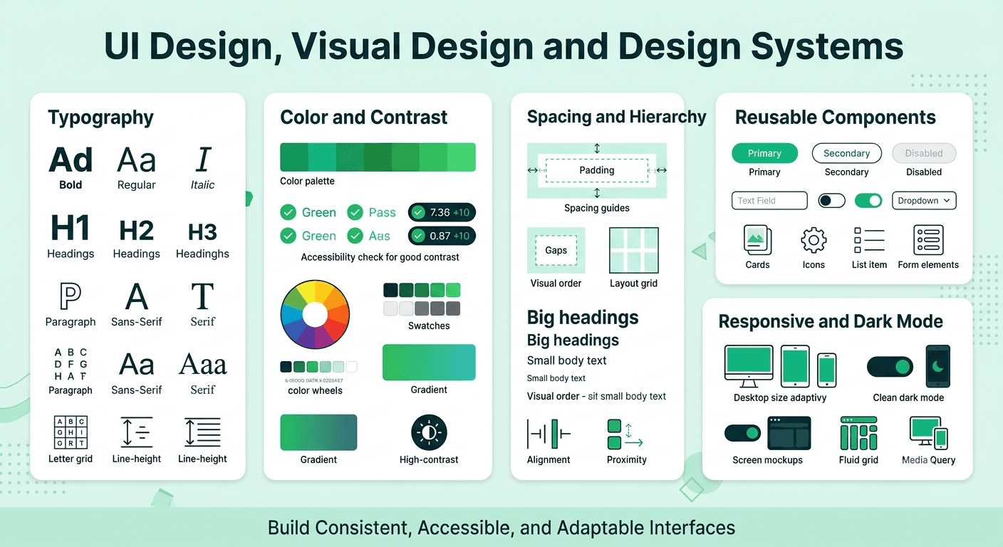 UI design principles illustrating typography, color contrast, visual hierarchy, spacing, reusable design components, and responsive interfaces.