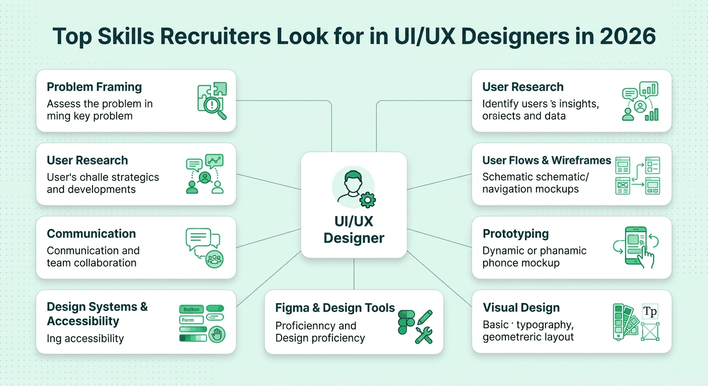 Infographic showing eight essential UI/UX designer skills in 2026, including problem framing, user research, wireframing, prototyping, visual design, Figma, accessibility, and communication.